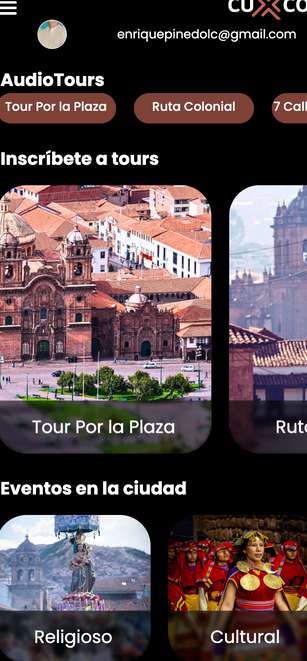 Captura de pantalla de la aplicación de guiado turístico y mapas de Cusco Cuxco